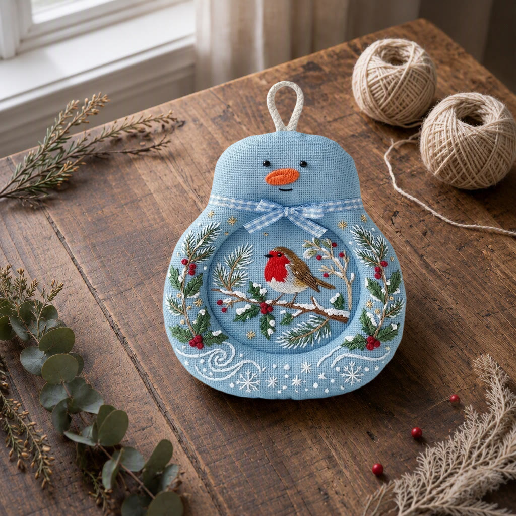 Rubbyoo Snowman Coaster Embroidery Kit - British Christmas Robin | Handmade Mag Mat Gift For The Family | Vintage Winter Holly & Pine Design - image 8