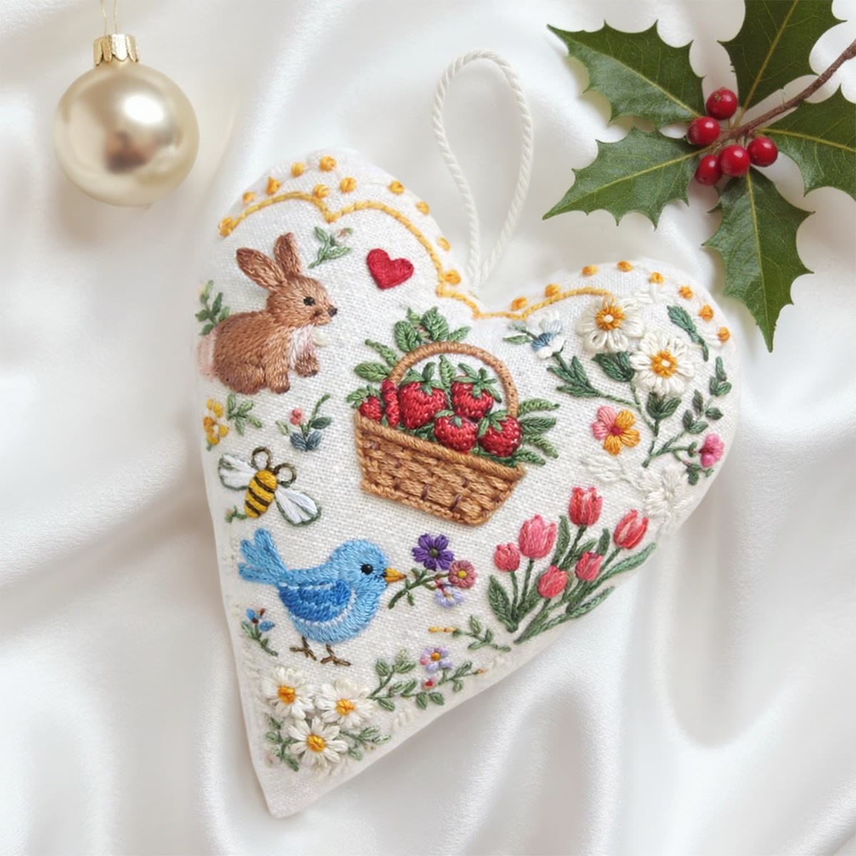 Rubbyoo Heart Embroidery Kit - Bunny Strawberry Basket Bird | Newbie-friendly Diy Project | Elegant Embroidered Hanging Ornament - image 5