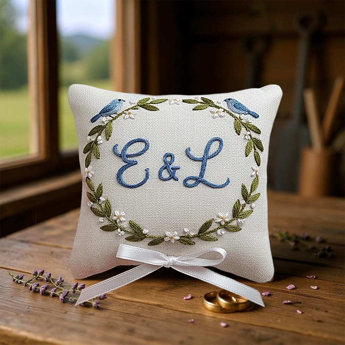 Rubbyoo Personalized Ring Bearer Pillow Embroidery Kit - Blue Birds Initials-adorned Wreath | Exquisite Decor Piece | Anniversary Gifting - image 7