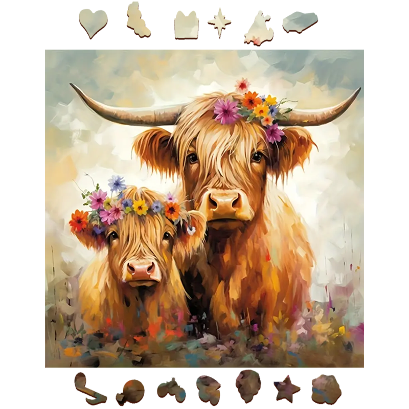 Colourful Floral Highland Cows - Wooden Jigsaw Puzzle