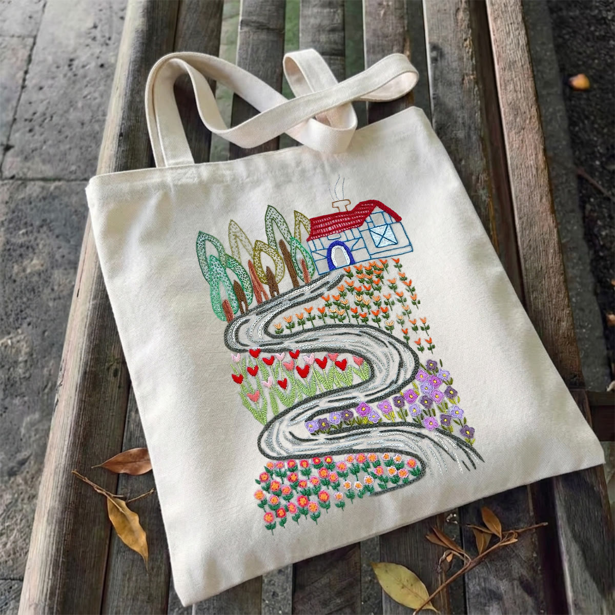 Rubbyoo Embroidery Tote Bag Kit - Country Cottage | Abundant Colour Canvas Bag | Gift For Crafters - image 4
