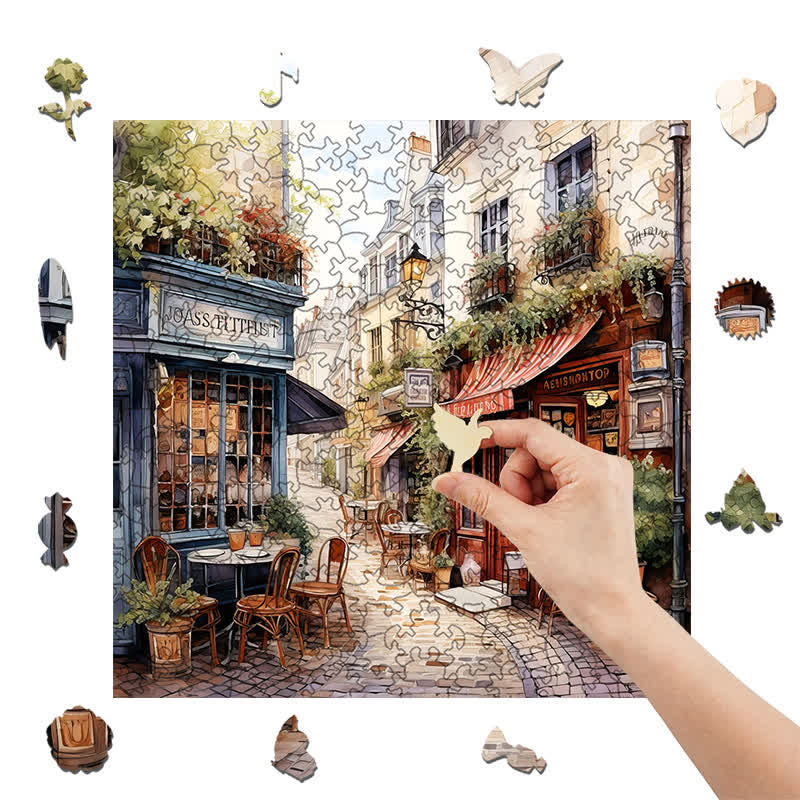 Rubbyoo Cafe in Narrow Alley - Wooden Jigsaw Puzzle