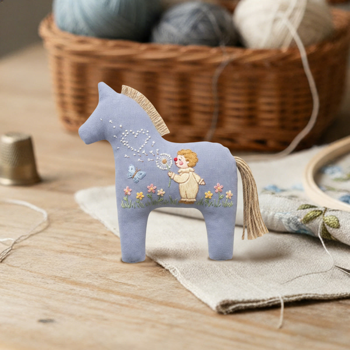 Rubbyoo Dala Horse Embroidery Kit - Cute Angel And Blowing Dandelion | Handmade Gift For Kids | Nursery Room Wall Hanging - image 5