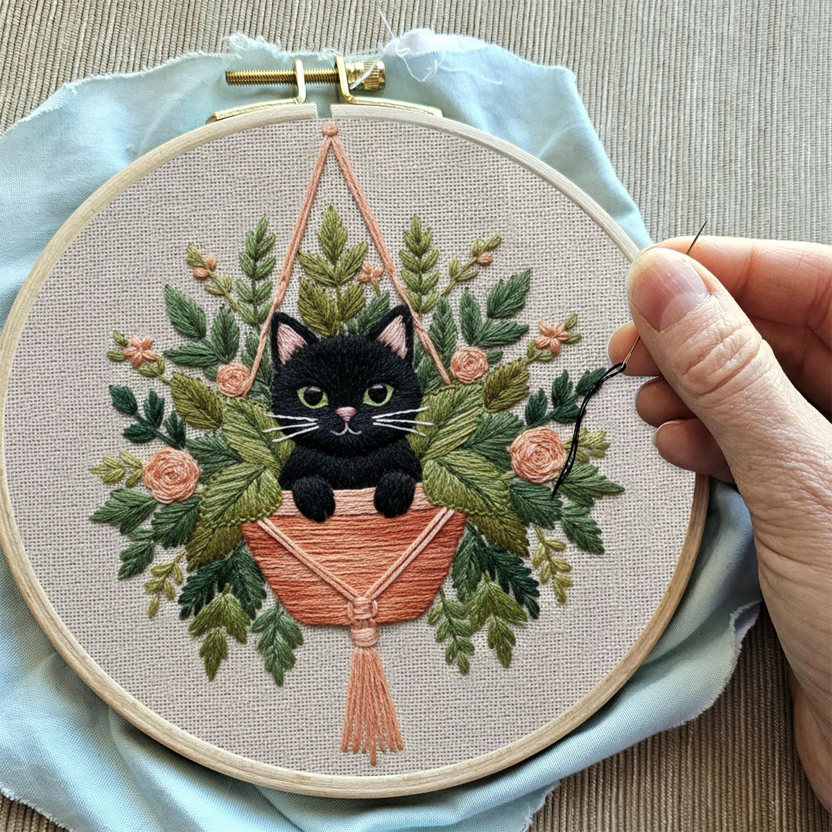 Rubbyoo Embroidery Kit - Black Cat In Hanging Planter | Therapeutic Craft | Whimsical Gift Idea - image 11