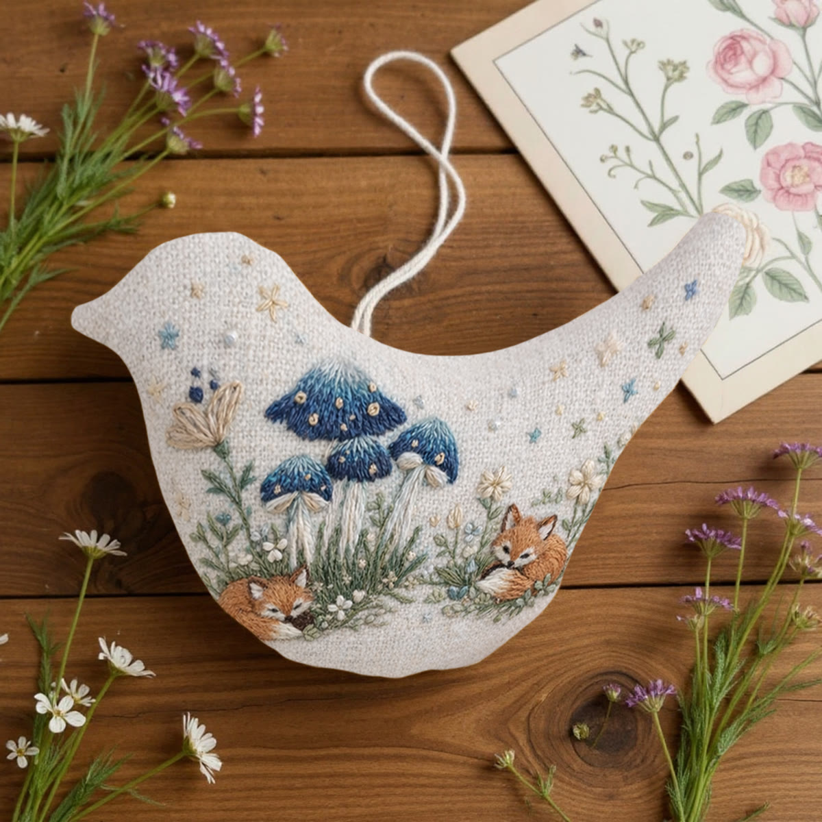 Rubbyoo Bird-shaped Embroidery Kit - Sleeping Fox And Mushroom | Woodland Fairy Tale Gift | Wall Gallery Decor - image 2