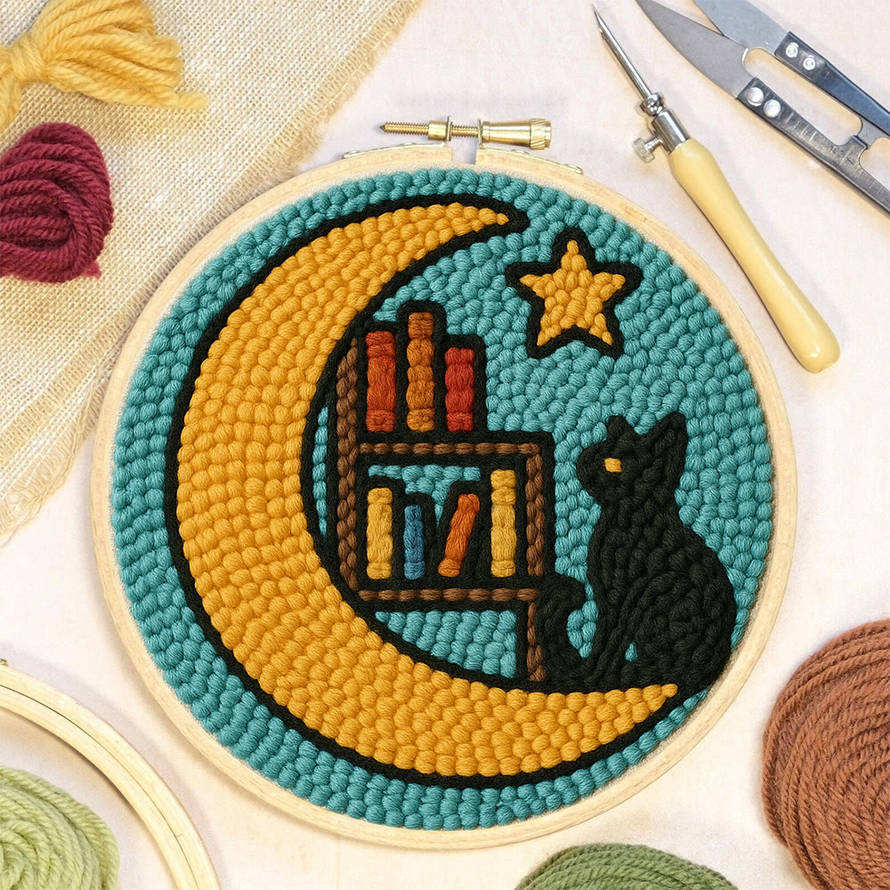 Lunar Bookshelf And Black Cat Punch Needle Kit – Effortless Handcraft Project | Atmospheric Decorative Hanger - image 8