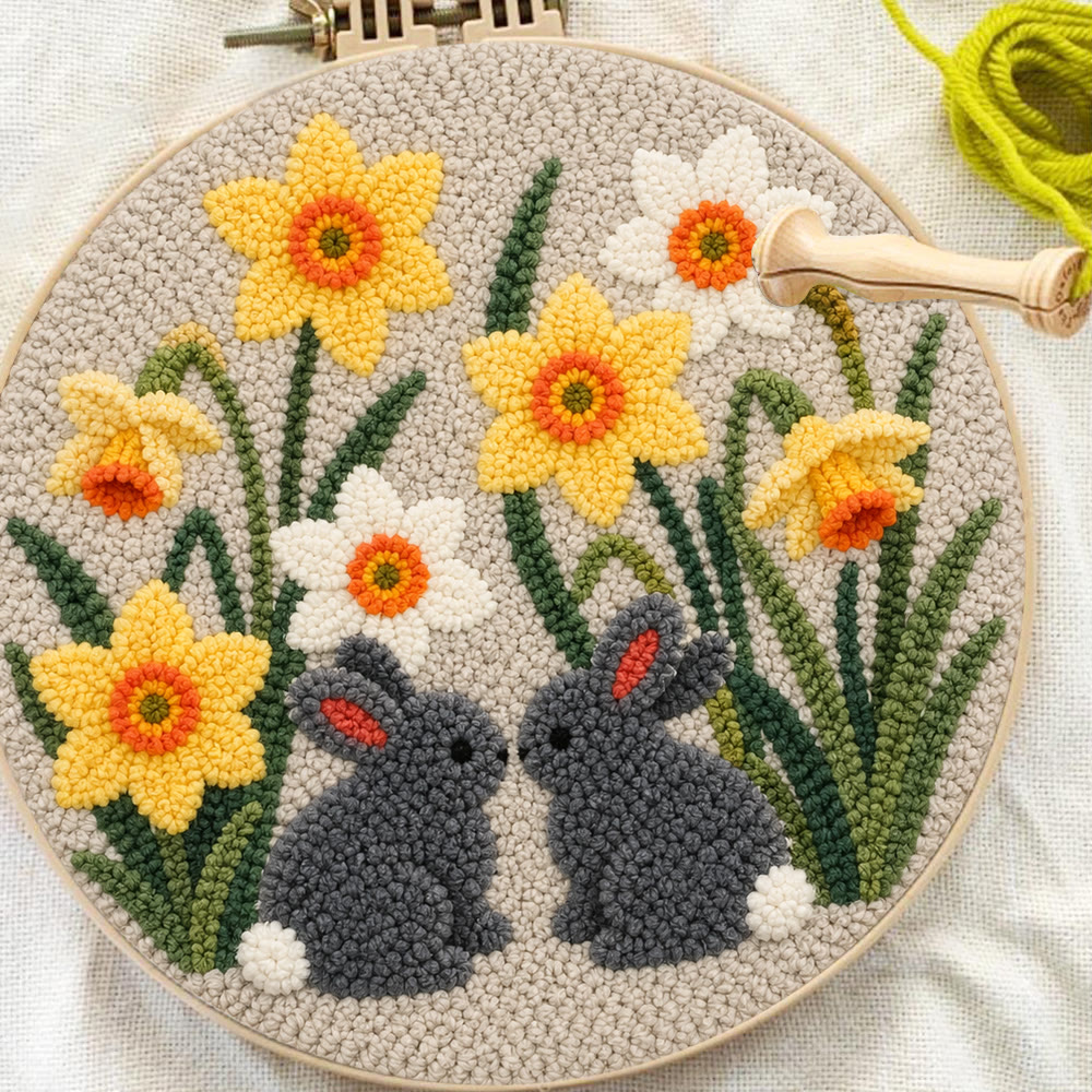 Daffodil And Rabbit Punch Needle Kit - Floral Hand Embroidery Hoop Art | Diy Nursery Decor - image 9