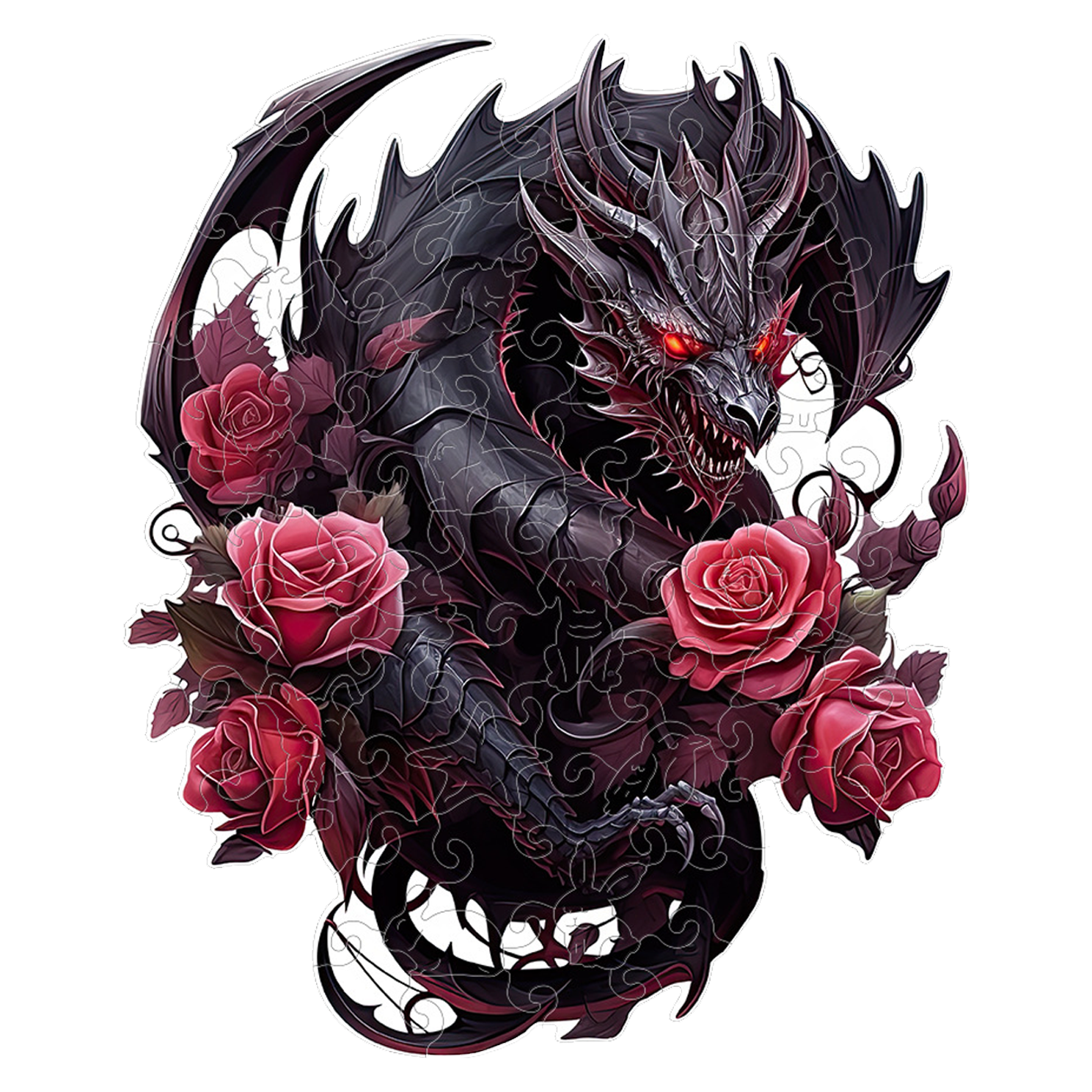 Black Dragon And Roses - Wooden Jigsaw Puzzle