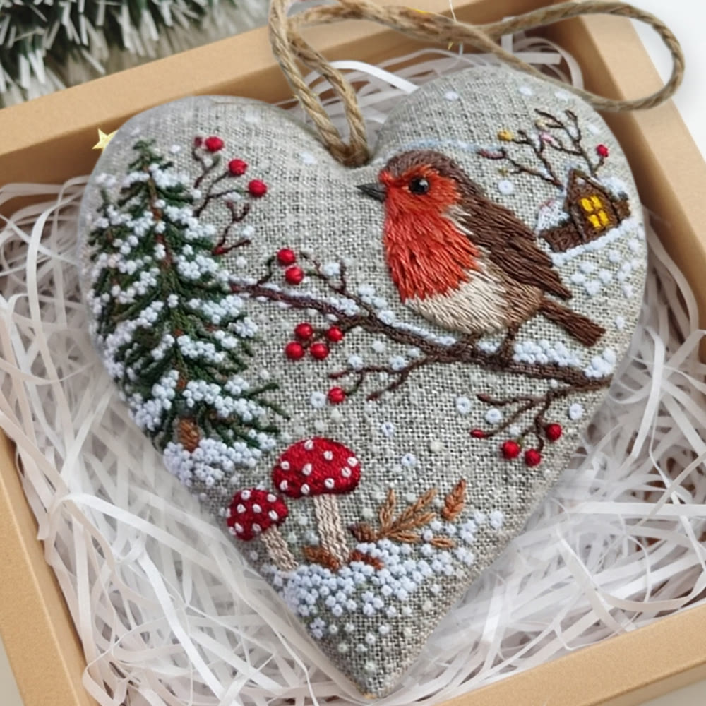 Rubbyoo Heart Embroidery Kit - Winter Robin With Snow | Cozy Handstitched Diy | Warm Seasonal Decor Pendant - image 3
