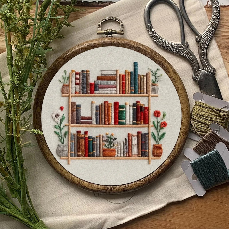 Rubbyoo Embroidery Kit - Tidy Bookshelf With Flowers | Diy Handicraft For Book Lovers | Suitable For Wall Decoration - image 3