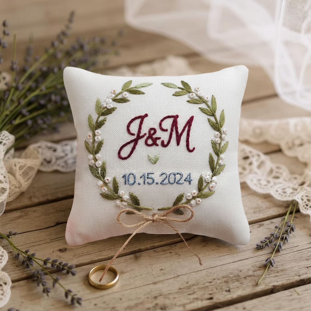 Rubbyoo Personalized Ring Bearer Pillow Embroidery Kit - Pearl-adorned Leaf Wreath With Initials | Tailor-made Handcraft | Wedding Ceremony Touches - image 11