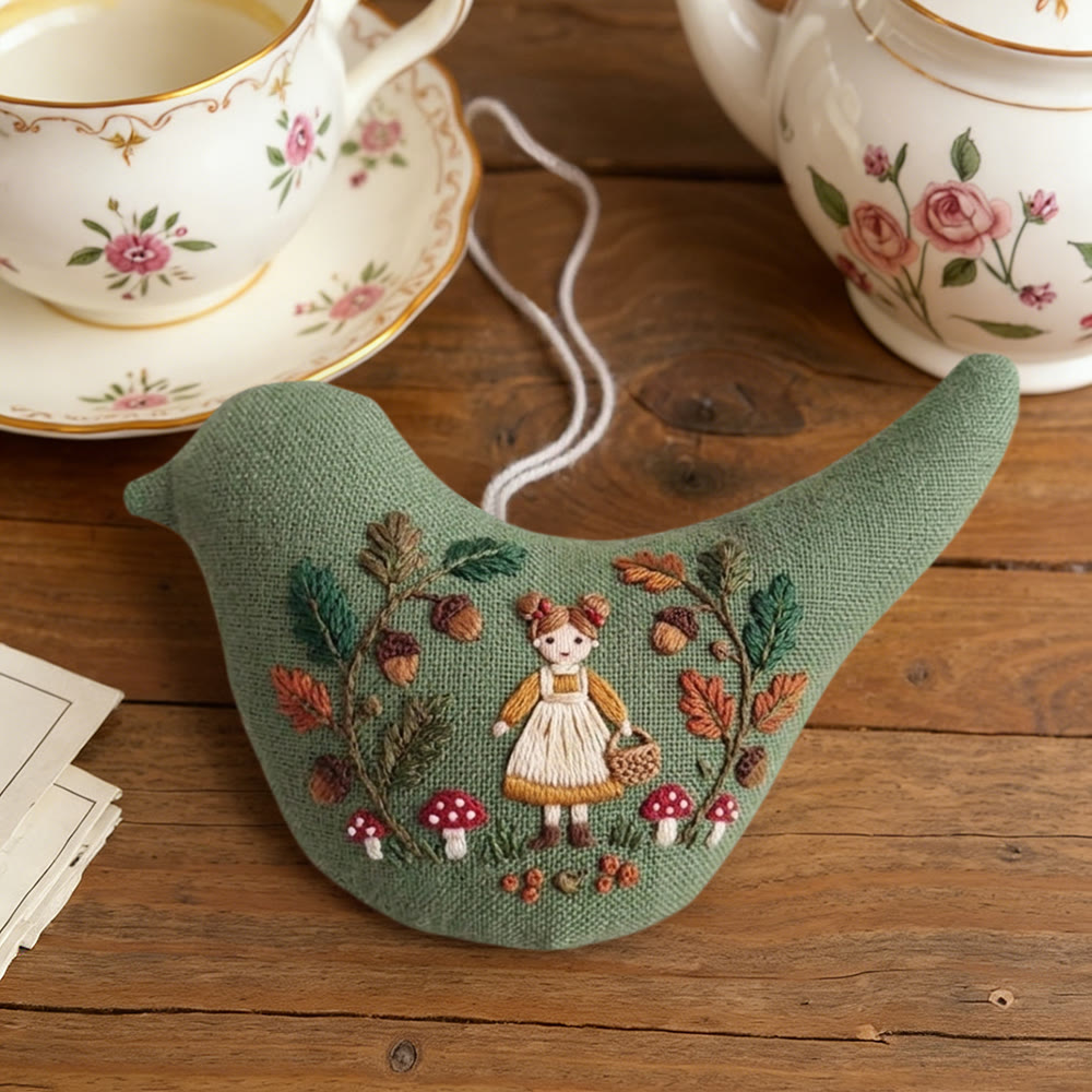 Rubbyoo Bird-shaped Embroidery Kit - Mushroom-picking Girl | Birthday Gift | Nursery Decor - image 6