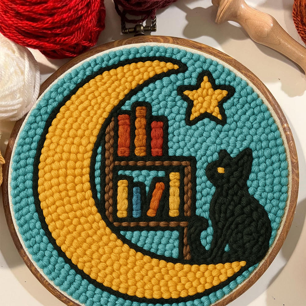 Lunar Bookshelf And Black Cat Punch Needle Kit – Effortless Handcraft Project | Atmospheric Decorative Hanger - image 7