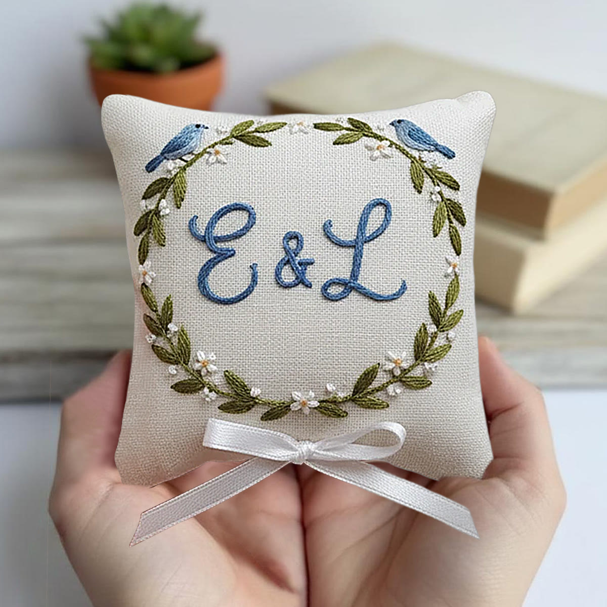 Rubbyoo Personalized Ring Bearer Pillow Embroidery Kit - Blue Birds Initials-adorned Wreath | Exquisite Decor Piece | Anniversary Gifting - image 5