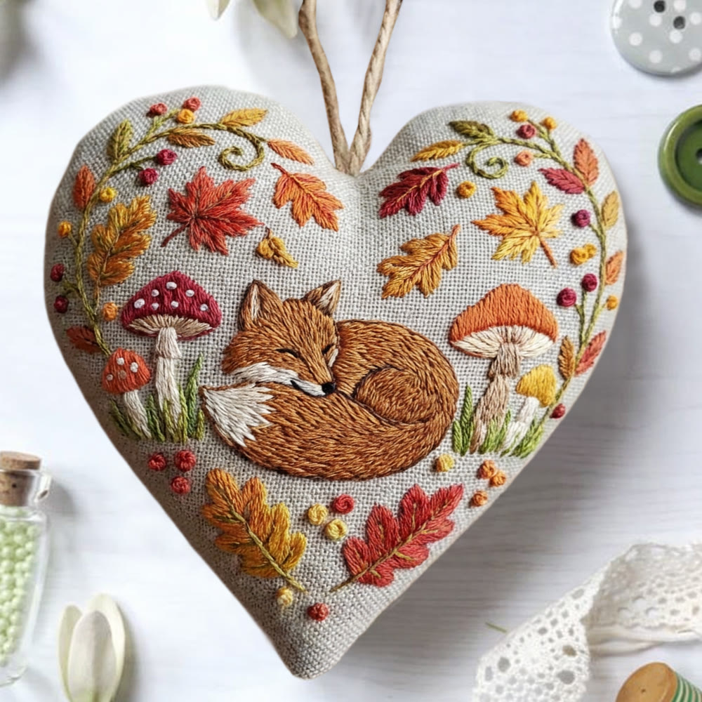 Rubbyoo Heart Embroidery Kit - Autumn Leaf Fox | Warm Handcraft | Retro Ambience Hanging Decor - image 5