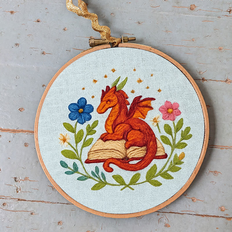 Rubbyoo Embroidery Kit - Red Dragon With Floral Books | Easy Fantasy Handicraft | Nice For Reading Lovers - image 8