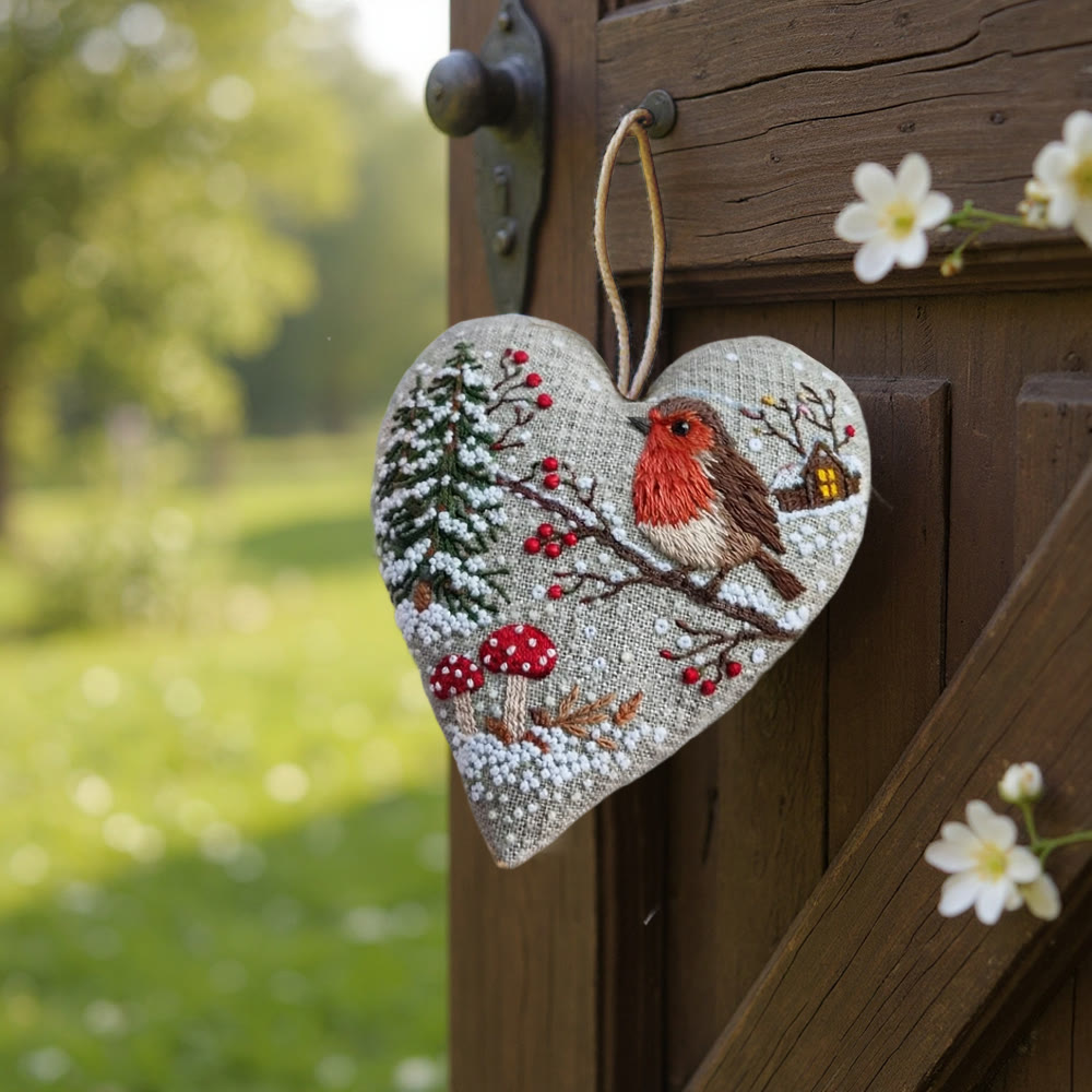 Rubbyoo Heart Embroidery Kit - Winter Robin With Snow | Cozy Handstitched Diy | Warm Seasonal Decor Pendant - image 6