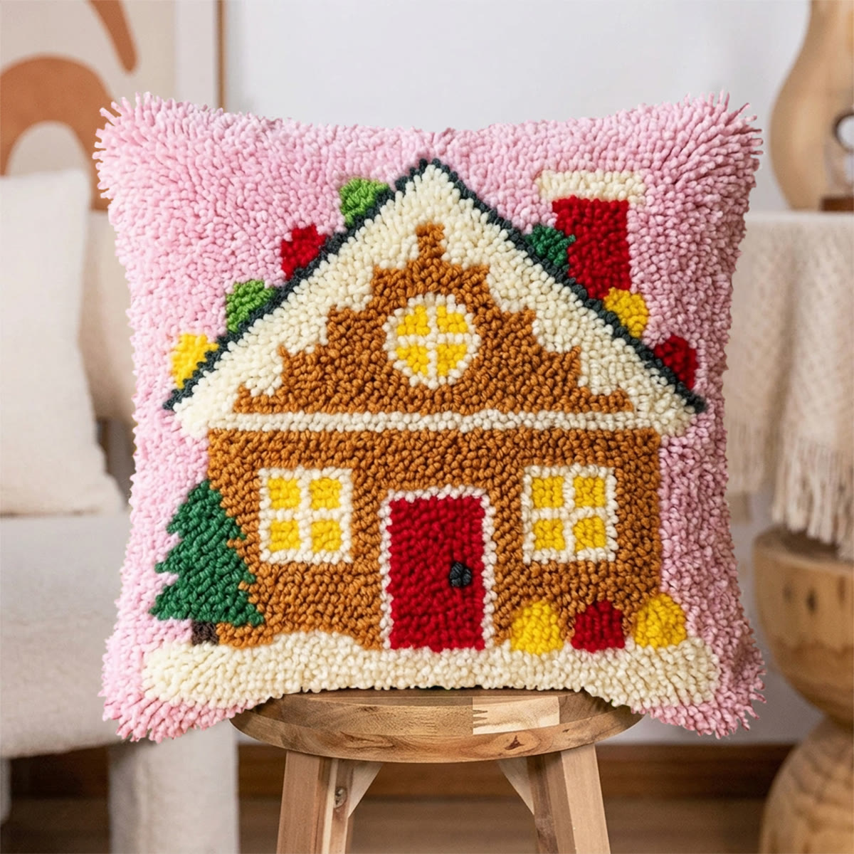 Rubbyoo Latch Hook Pillow Kit - Pink Gingerbread House | Unique Birthday Craft | Diy Cushion Cover - image 4