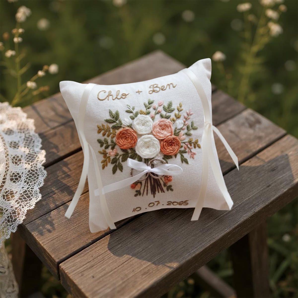 Rubbyoo Personalized Ring Bearer Pillow Embroidery Kit - White Peach Rose Bouquet | Wedding  Gift| Beginner-Friendly - image 5