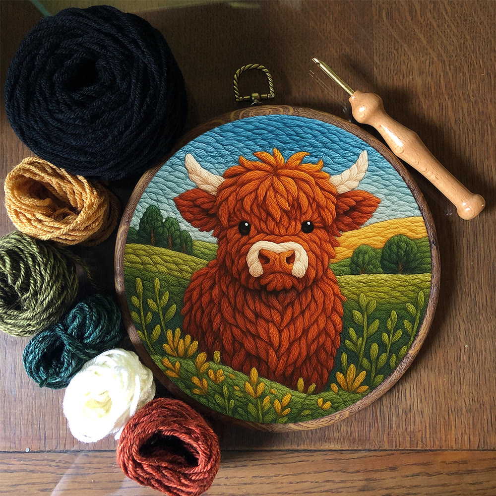Highland Cow In Field Punch Needle Kit - Handmade Animal Craft | Nice Wall Hanging Decor - image 3