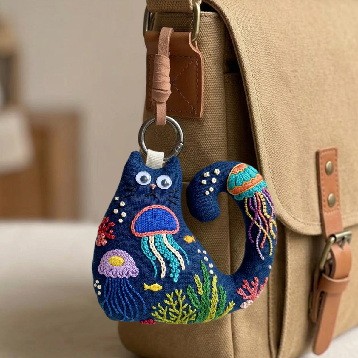 Rubbyoo Cat Embroidery Kit - Colorful Jellyfish And Seaweed | Diy Hand-stitched Gift | Coastal Beach Bag Accessory - image 4