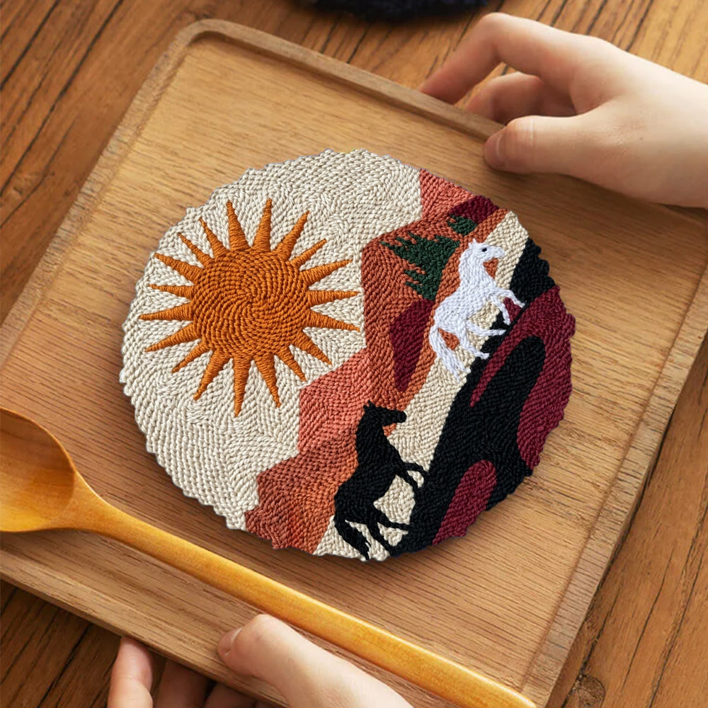 Boho Horse Punch Needle Kit - Handmade Modern Fiber Art | Southwestern Desert Sunset Decor - 5 inch Coaster Kit - image 11