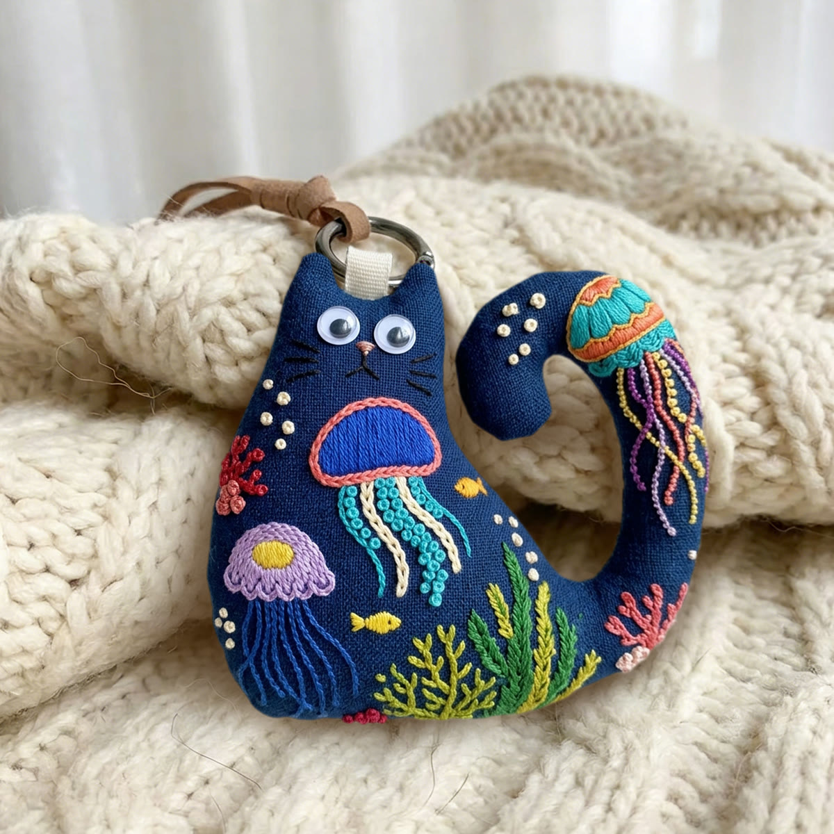 Rubbyoo Cat Embroidery Kit - Colorful Jellyfish And Seaweed | Diy Hand-stitched Gift | Coastal Beach Bag Accessory - image 2