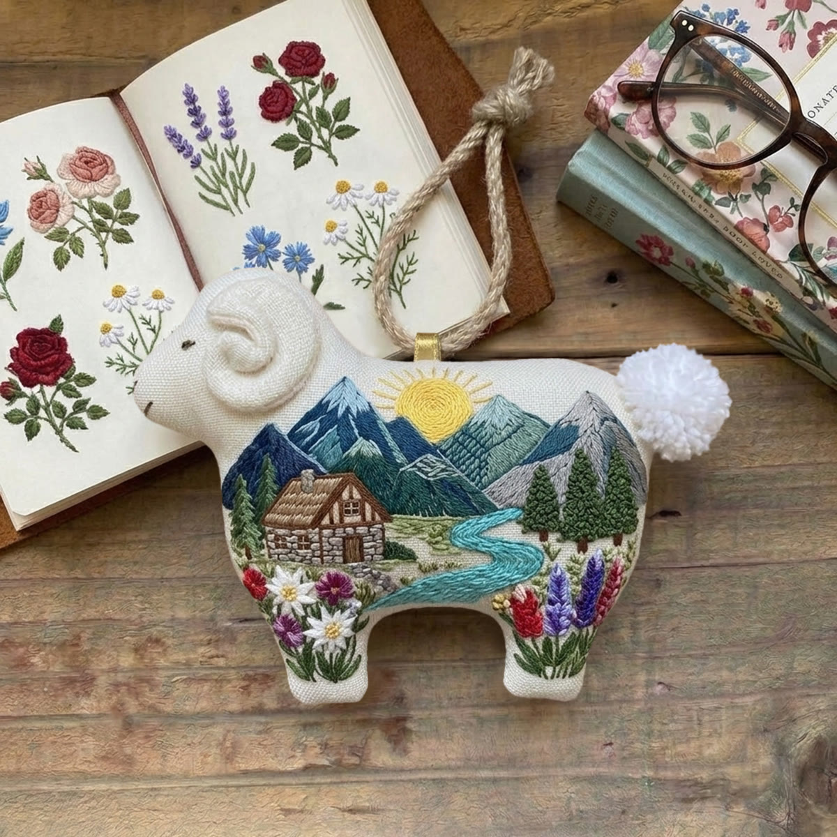 Rubbyoo Lamb-shaped Embroidery Kit - Mountain Cabin Scene | Cozy Home Decor | Handmade Wall Art - image 4