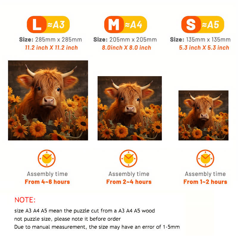 Rubbyoo Highland Cow With Sunflowers - Wooden Jigsaw Puzzle