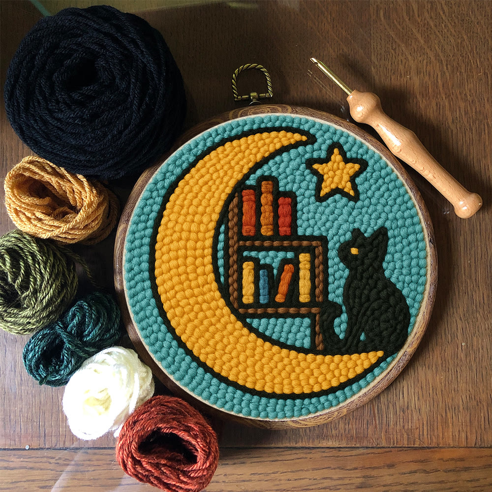 Lunar Bookshelf And Black Cat Punch Needle Kit – Effortless Handcraft Project | Atmospheric Decorative Hanger - image 12