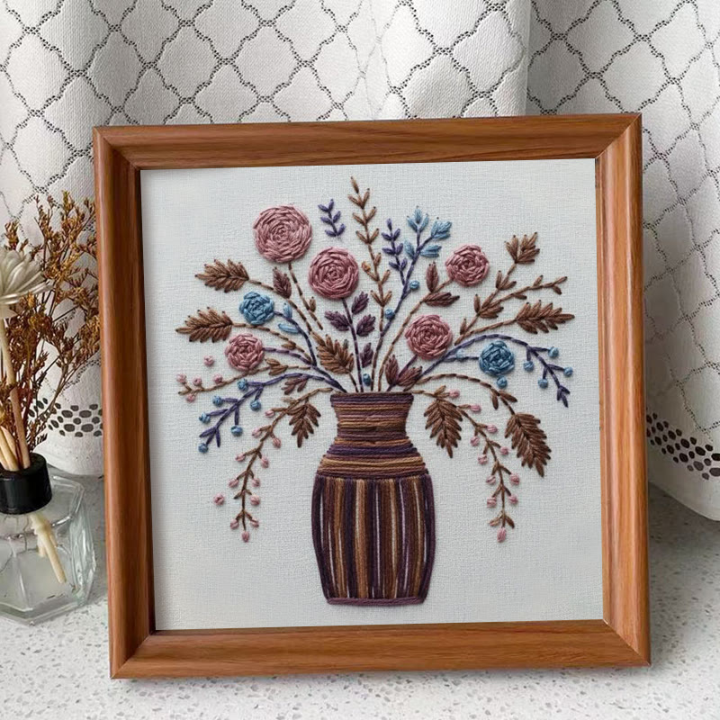 Rubbyoo Embroidery Kit - Striped Vase Dried Floral Bouquet | Elegant Diy | Timeless Home Statement - Embroidery Kit Plus An Extra Frame - image 4