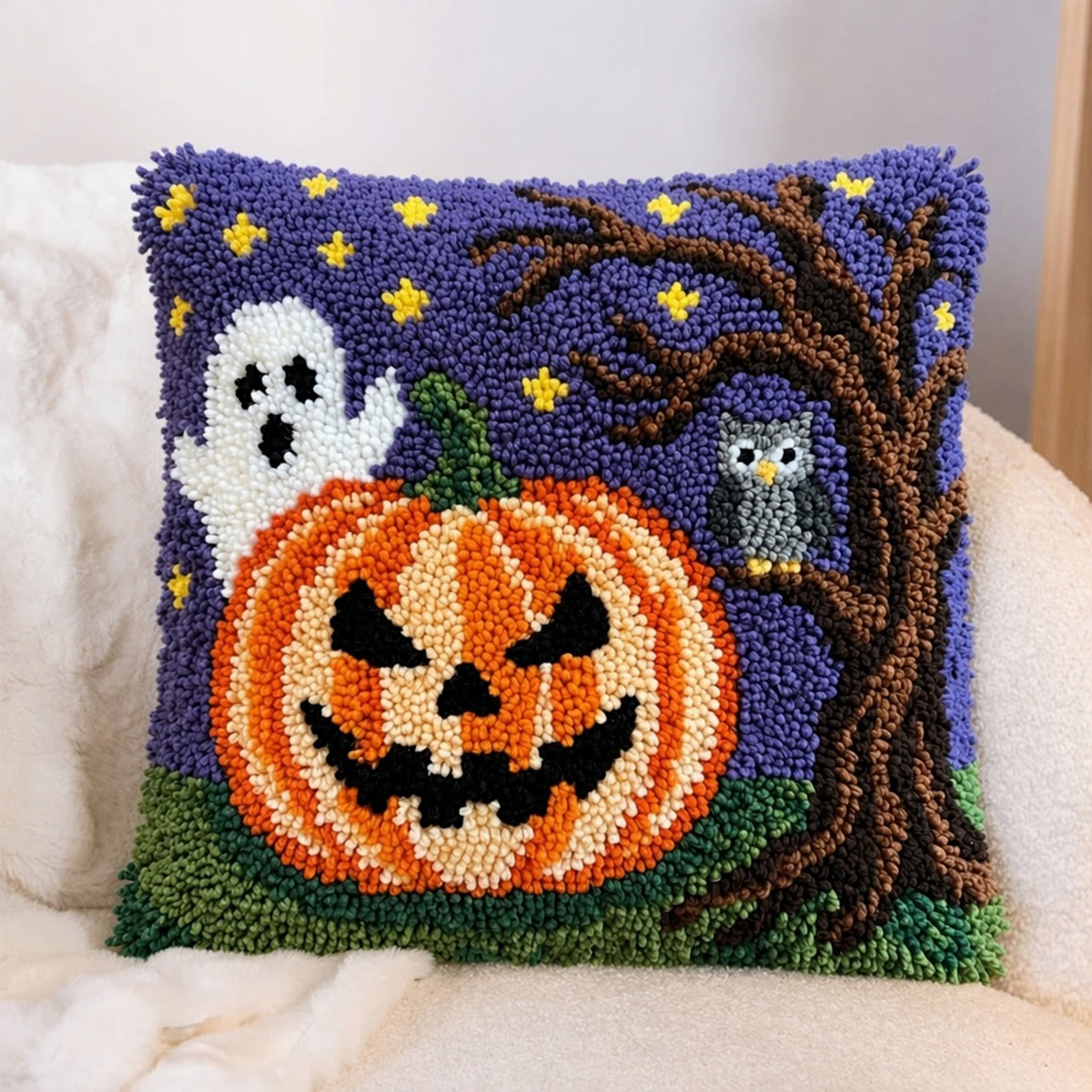 Rubbyoo Latch Hook Pillow Kit - Ghost With Pumpkin | Spooky Home Party Decorations | Diy Halloween Pillow Cover - image 5