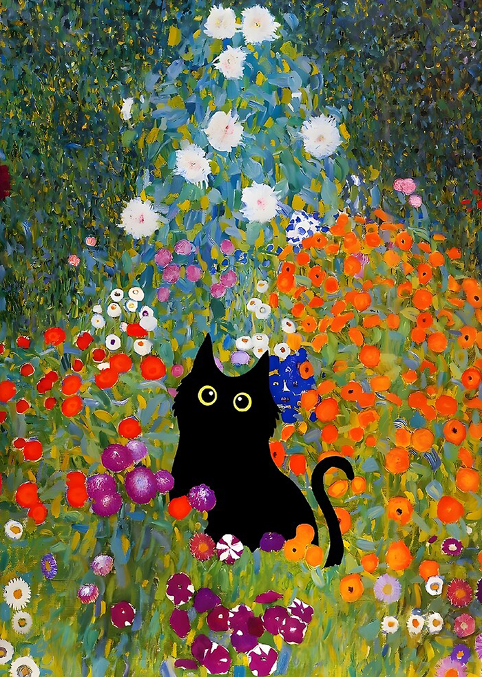 Rubbyoo Black Cat In Flowers Garden - Wooden Jigsaw Puzzle