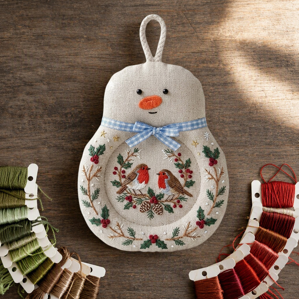 Rubbyoo Snowman Coaster Embroidery Kit - Christmas Togetherness Robin Couple | Round Fabric Cup Mat | Heritage New Year Keepsake For Loved Ones - image 5