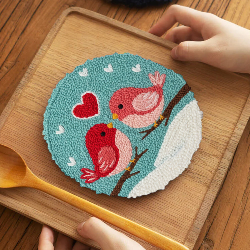 Loving Bird Pair Snowy Backdrop Punch Needle Kit – Beginner-simple DIY Creation | Home Decor Ornament - 5 inch Coaster Kit - image 4