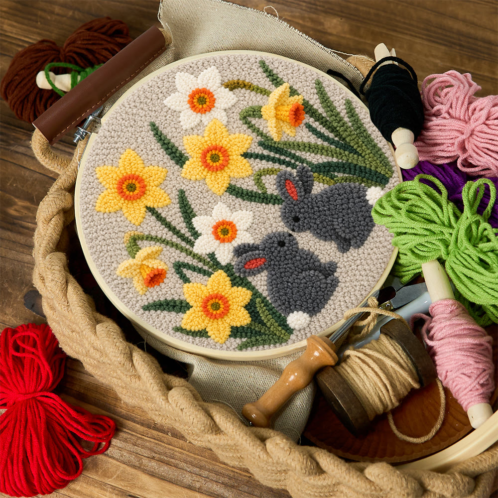 Daffodil And Rabbit Punch Needle Kit - Floral Hand Embroidery Hoop Art | Diy Nursery Decor - image 8