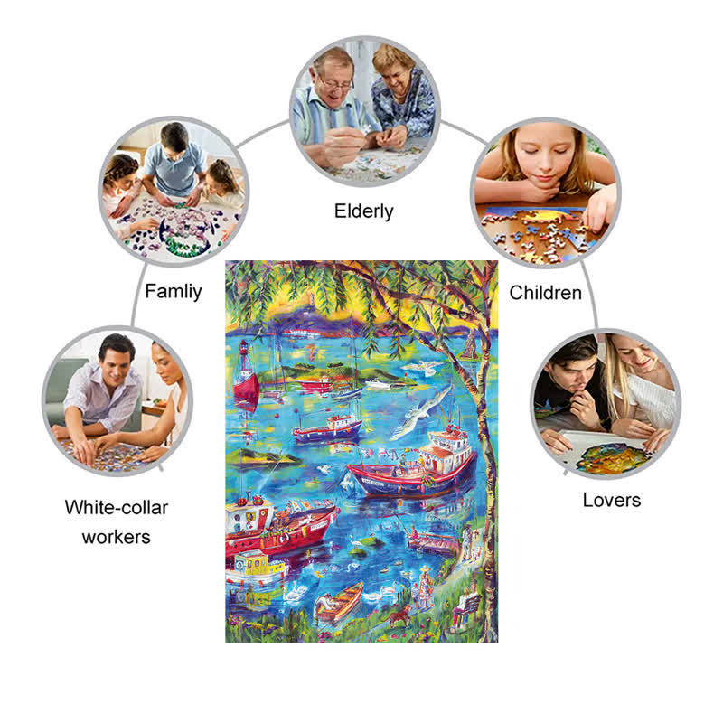 Rubbyoo Boats at Sunset Bay - Wooden Jigsaw Puzzle