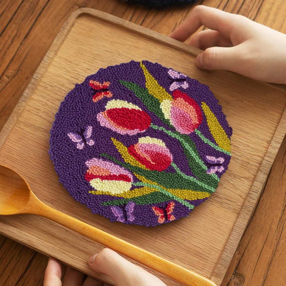 Butterflies And Tulips Punch Needle Kit - Unique Hoop Art | Nice Handmade Gift For Mom - 5 inch Coaster Kit - image 11
