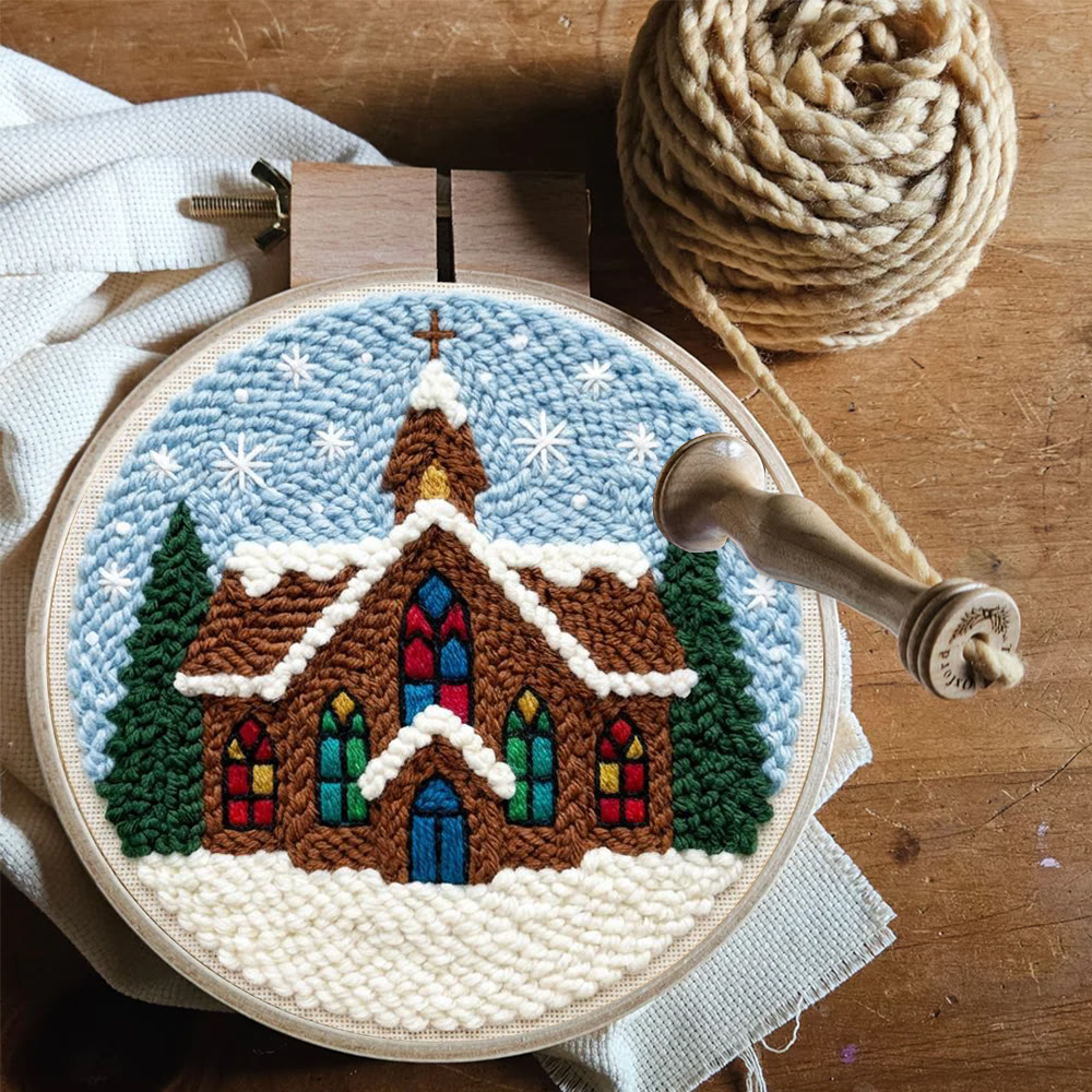 Snowy Stained-glass Church Punch Needle Kit – Novice Needlecraft Hoop | Cozy Winter Home Hanging - image 8