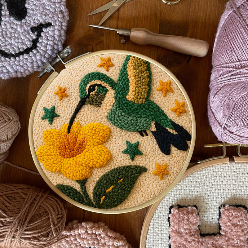 Hummingbird With Yellow Flower And Star Detail Punch Needle Kit – Easy-to-master Diy Craft | Elegant Decor Pendant - image 6