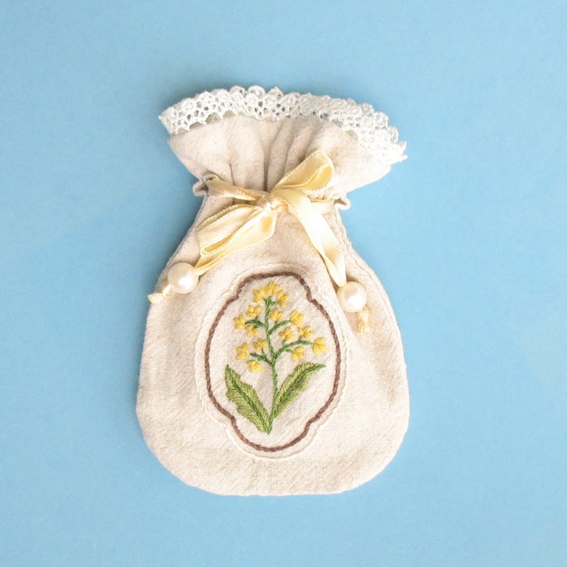 Embroidery Mini Drawstring Pouch Kit | Unique Floral Craft | Perfect Birthday Gift For Her - Yellow flower - Beige bag - image 8