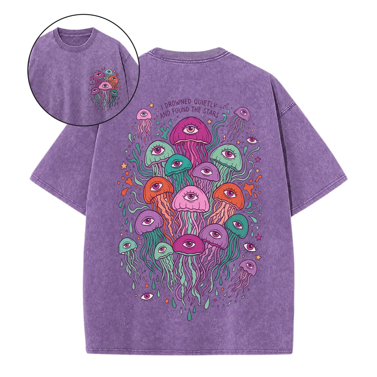 Rubbyoo Spooky Jellyfish Double Sided Unisex Washed T-shirt Jellyfish Lover Gift - Purple - 5XL - image 1