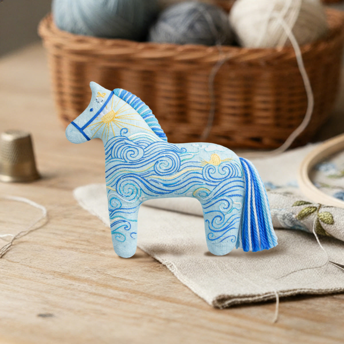 Rubbyoo Dala Horse Embroidery Kit - Ocean Waves And Swirls | Unique Small Gift | Artistic Hanging Ornament - image 3