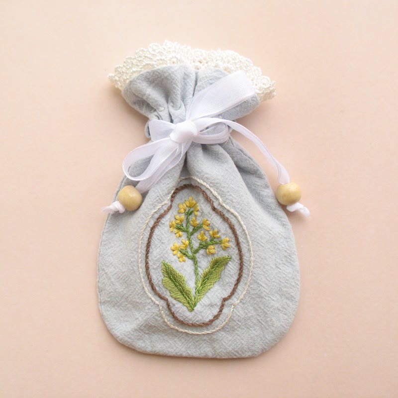 Embroidery Mini Drawstring Pouch Kit | Unique Floral Craft | Perfect Birthday Gift For Her - Yellow flower - Blue bag - image 12