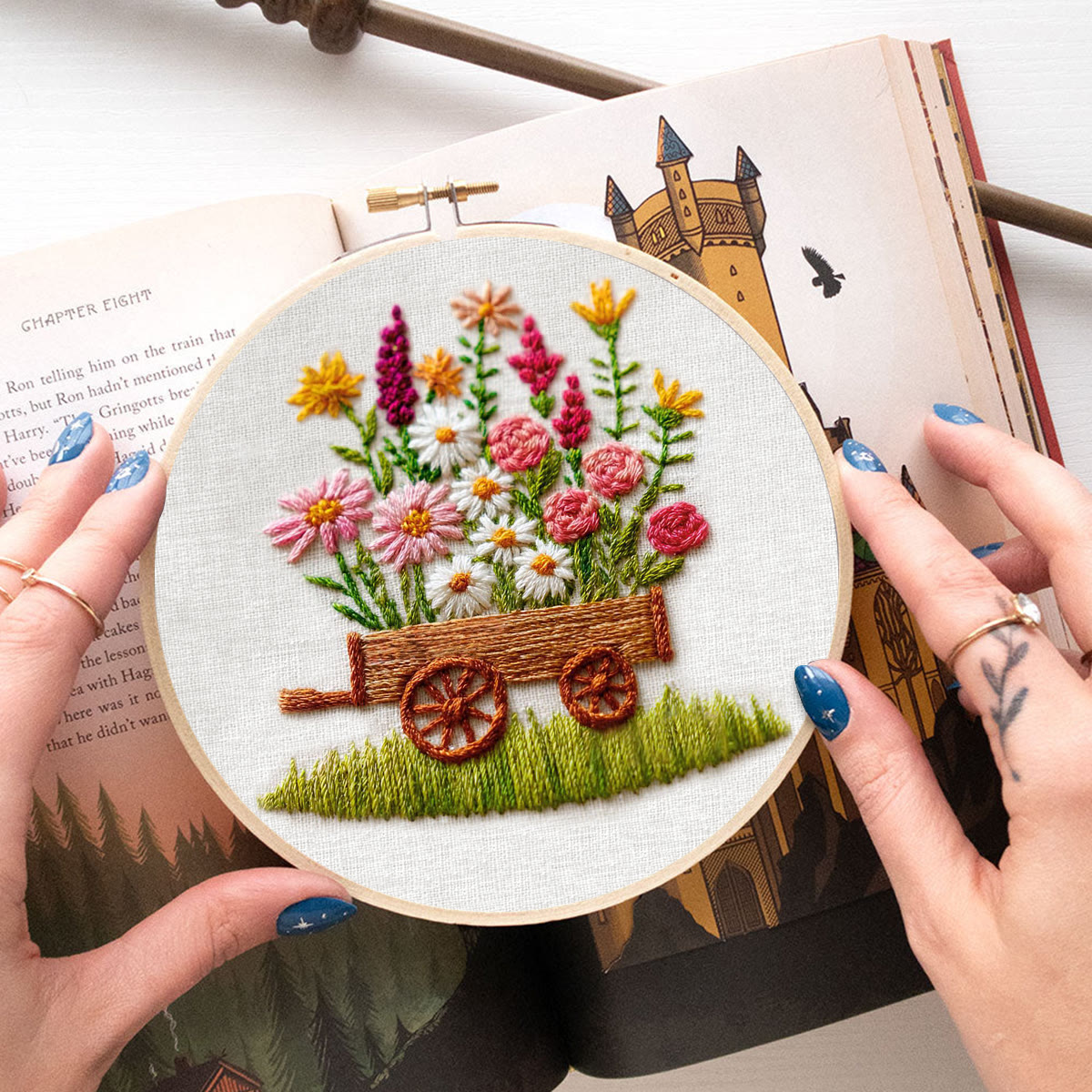 Rubbyoo Embroidery Kit - Wildflower Filled Cart | Creative Pastime | Charming Home Accent - image 6