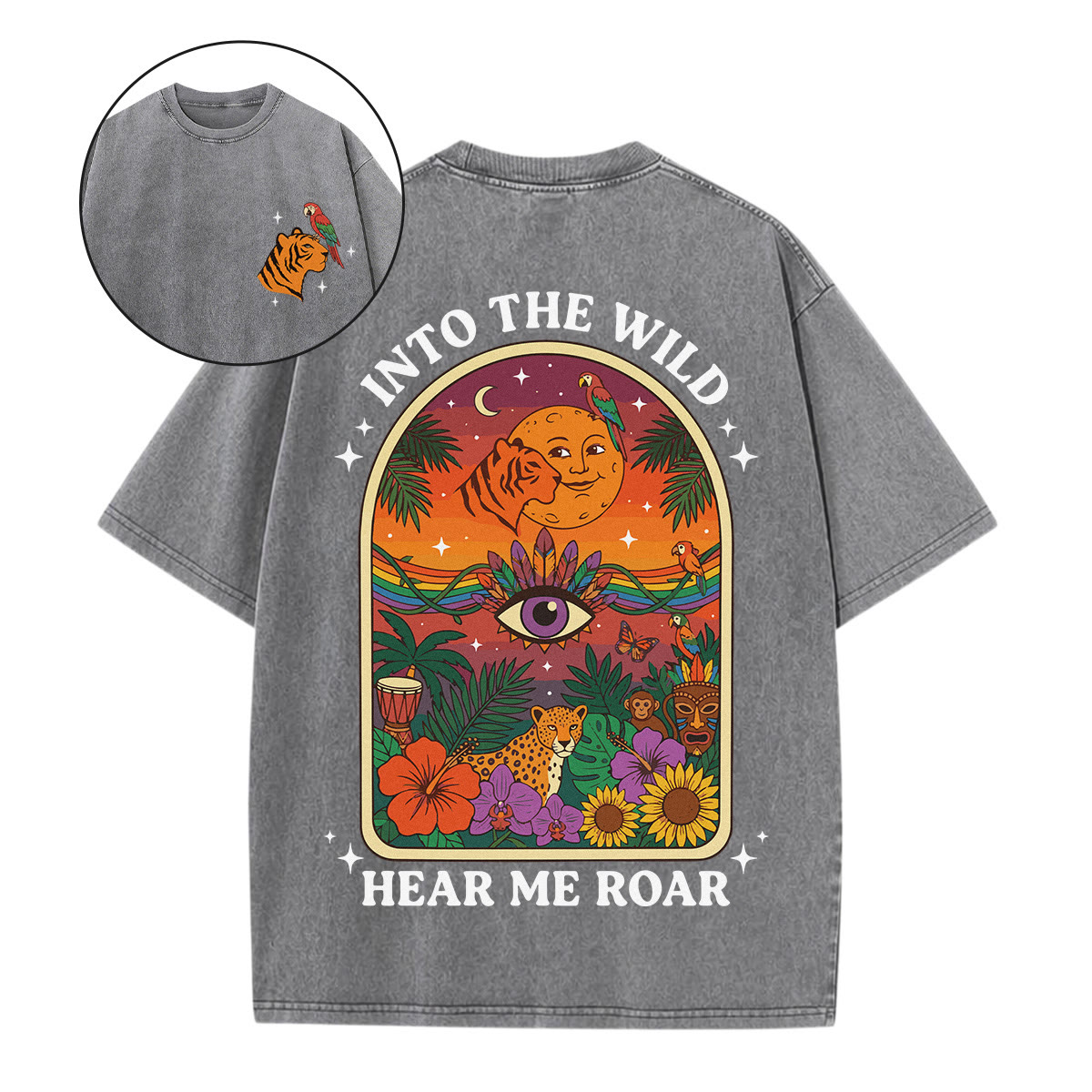 Rubbyoo Wild World Double Sided Unisex Washed T-shirt  - High-saturation Flowers & Animals Pattern | Retro Style Psychedelic Street Wear - Grey - 5XL - image 17