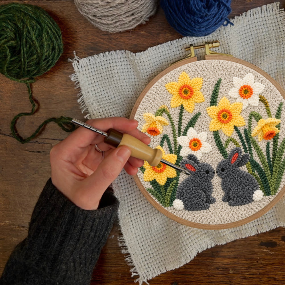 Daffodil And Rabbit Punch Needle Kit - Floral Hand Embroidery Hoop Art | Diy Nursery Decor - image 10