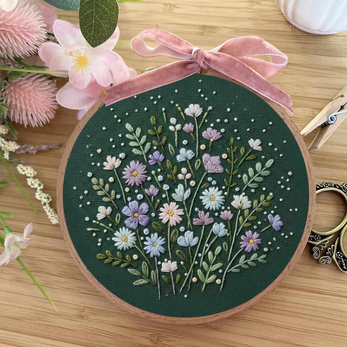 Rubbyoo Embroidery Kit - Dark-Background Soft Floral Cluster | Fresh Home Decor Hanger | Newbie-Friendly Hand Stitch - image 5