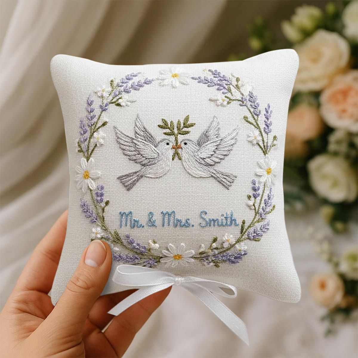 Rubbyoo Personalized Ring Bearer Pillow Embroidery Kit - White Doves Lavender Daisy Wreath | Creative Ring Pillow | Memorable Moments Gift - image 9