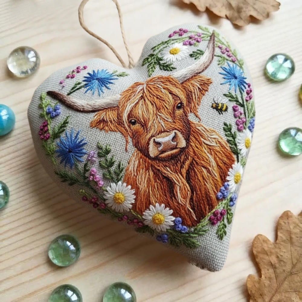 Rubbyoo Heart Embroidery Kit - Highland Cow And Wildflower | Whimsical Craft | Rustic Gift Pick - image 5